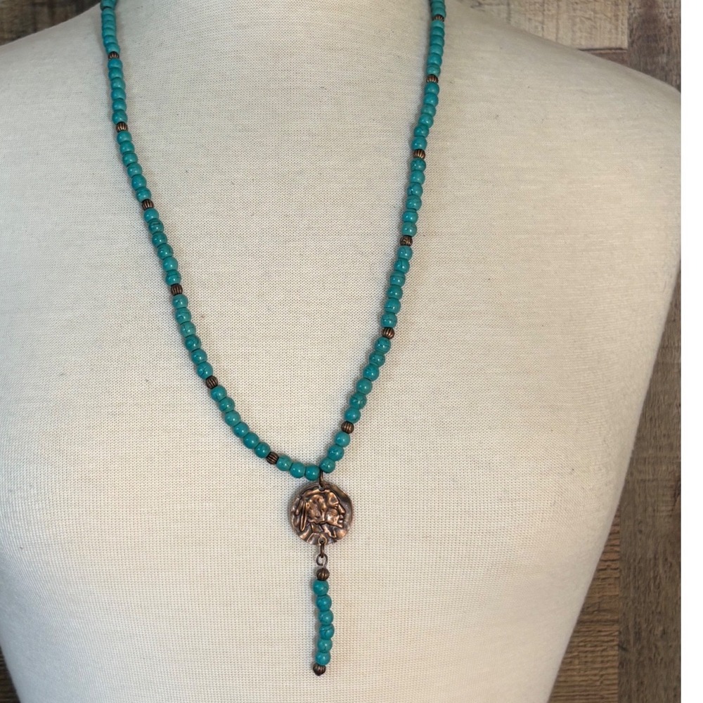 Turquoise Beaded Lariat Necklace Copper Native American Medallion Cross Charm